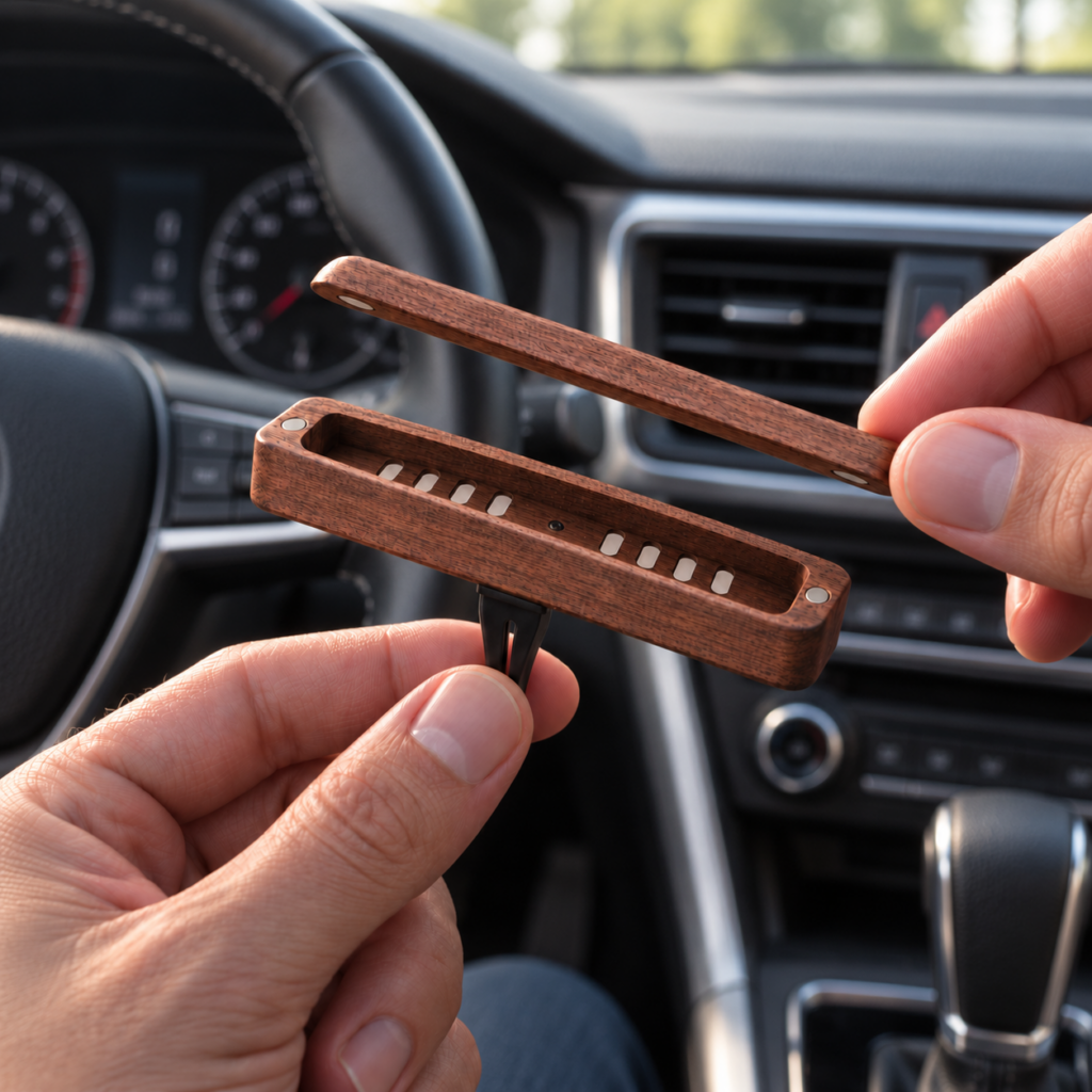 WOOD AROMA — zestaw z drewnianym dyfuzorem do samochodu Unoszenie pokrywy dyfuzora Drivez
