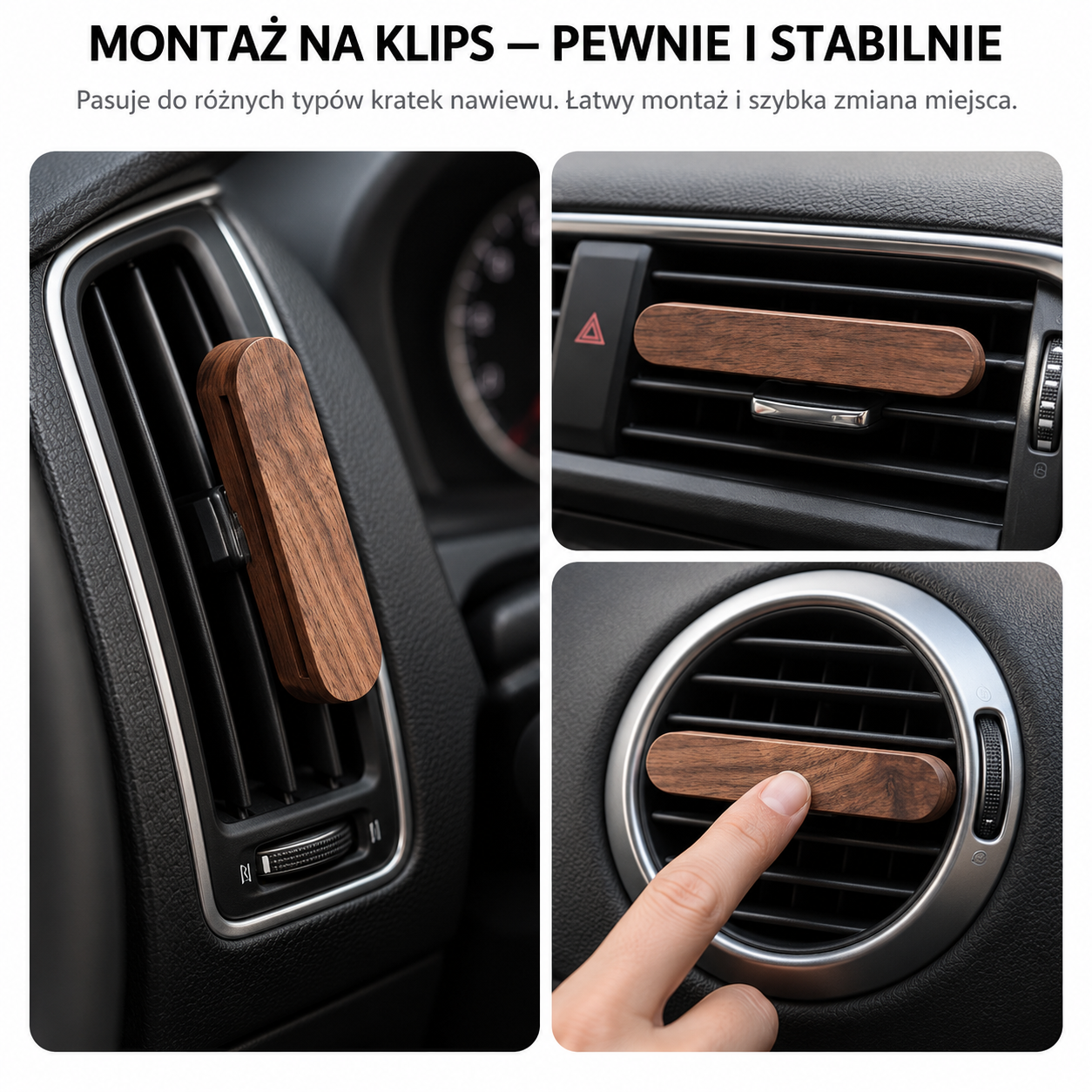 WOOD AROMA — zestaw z drewnianym dyfuzorem do samochodu WOOD AROMA na różnych kratkach nawiewu