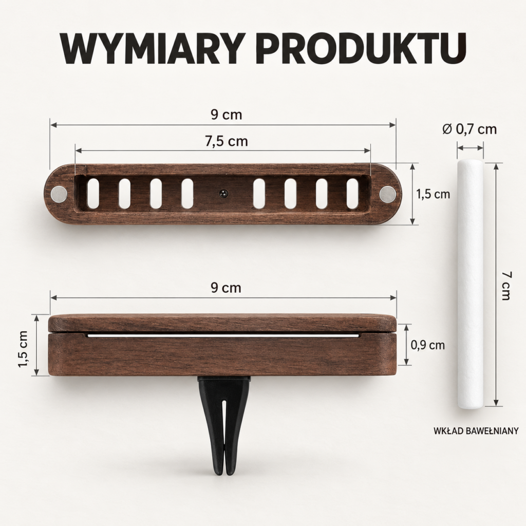 WOOD AROMA — zestaw z drewnianym dyfuzorem do samochodu Wymiary dyfuzora
